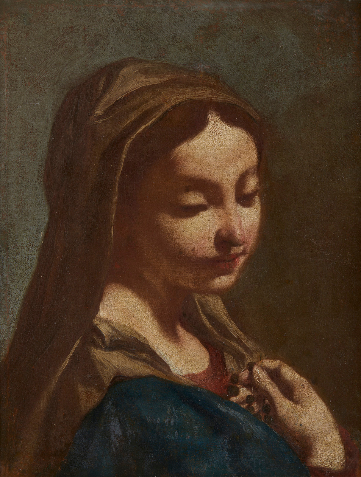 Vergine, scuola veneta del XVIII secolo Vergine con rosario, scuola veneta del XVIII secolo, olio su tela 40x32 cm, cerchia di Giovanni Battista Pittoni e Giambattista Piazzetta, venduta asta CapitoliumArt Brescia 6 luglio 2026 lotto 60, testa di Madonna Settecento veneziano